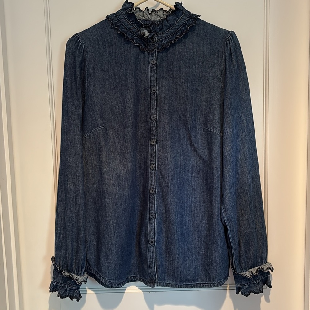 Boden Denim 100% cotton button down shirt with ruffles at neck and cuffs